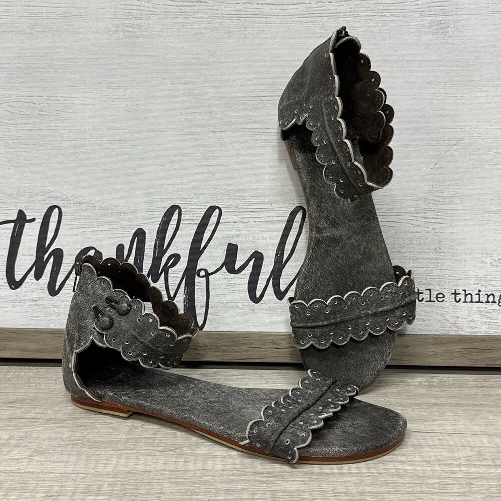 Elf Bali Midsummer Scalloped Leather Sandals Handmade Ankle Zip Boho EU 38 US 8